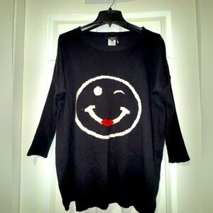 Angel WINK & SMILE EMOJI PULLOVER Black Sweater Smiley Face Size oversized XS